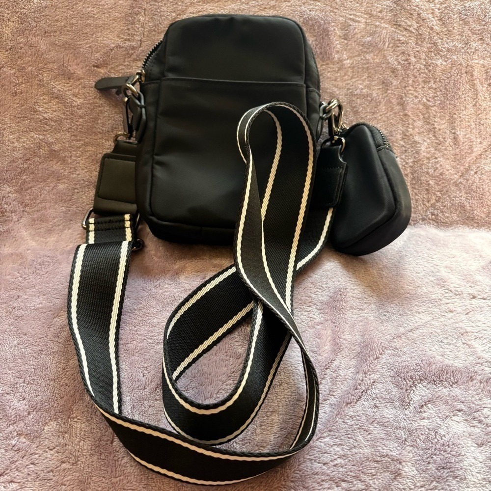 Chico's Black Nylon Crossbody Bag with Detachable Pouch and Striped Strap - Picture 8 of 11